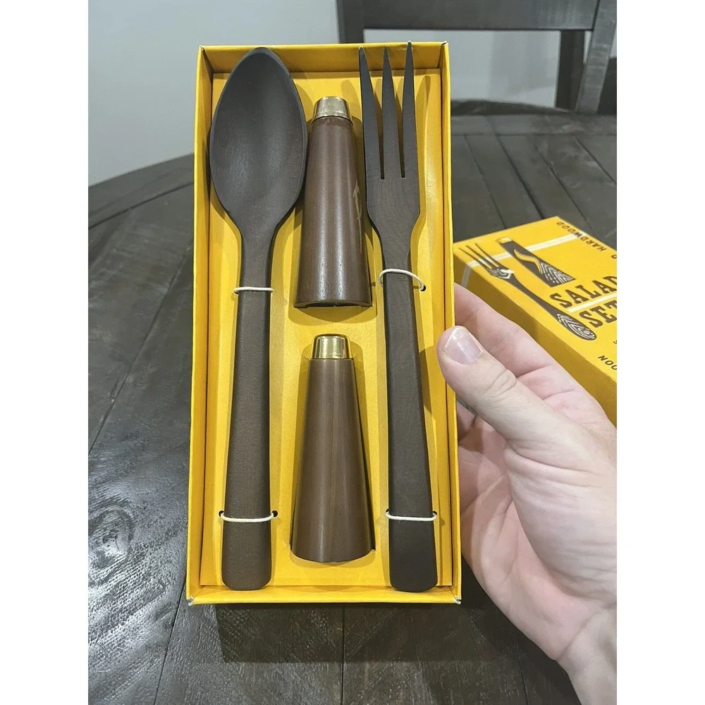 Dark Wooden Salad Fork Spoon Salt Pepper‎ Shakers Set New Japan Tiki Vintage
